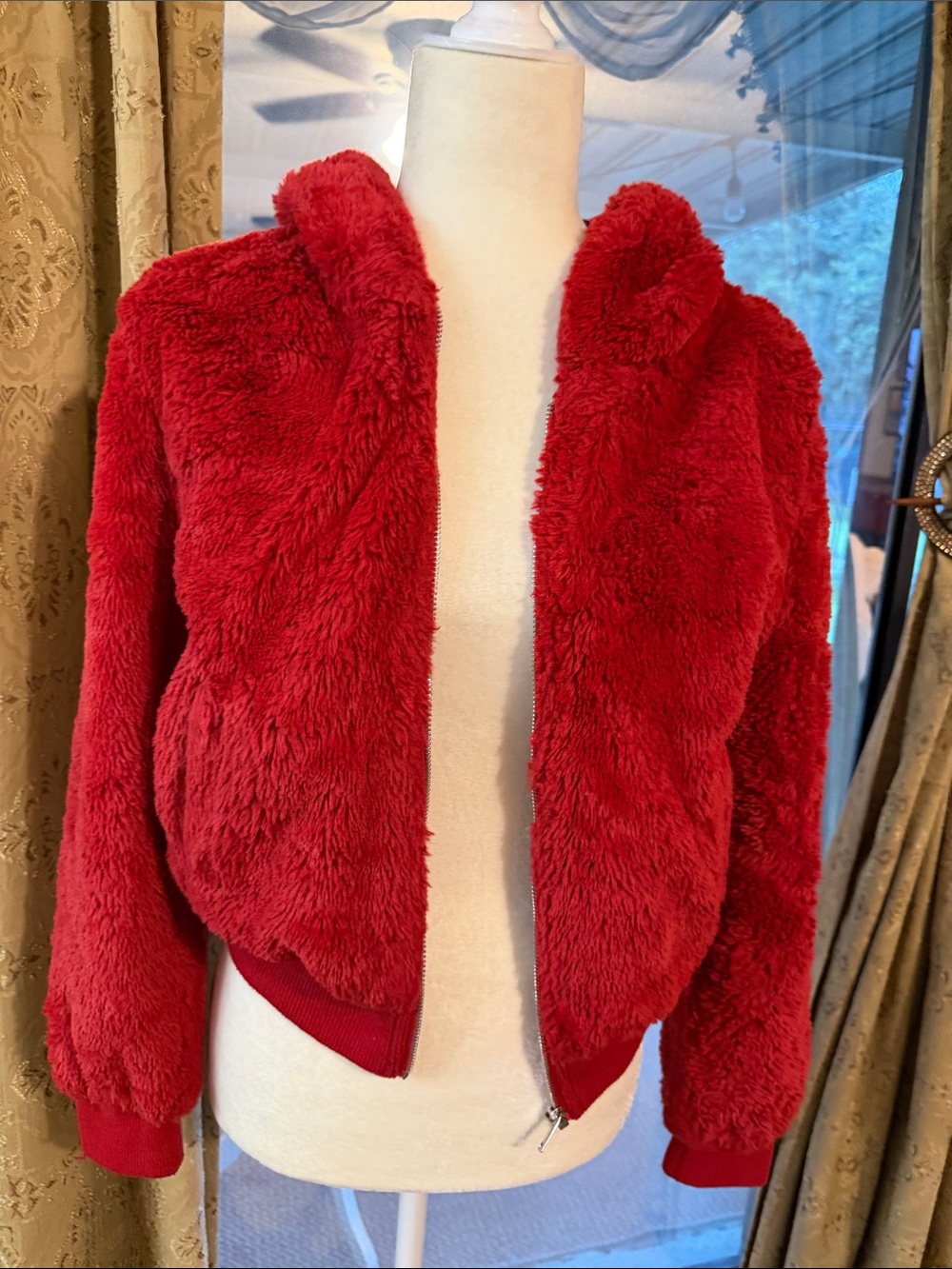 Women's Plush Hooded Bomber Jacket - Red